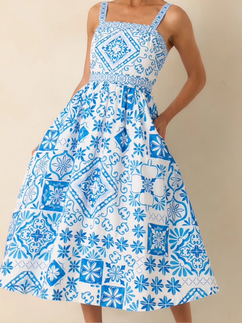 Prosperina Lydia Midi Dress Blue and White  Sundress In Blue Tile Print Size L